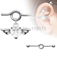 Pink Heart CZ Angel Wing Dangle Industrial Piercing Jewelry Charm 316L Surgical Steel Industrial Barbell Earring Ring