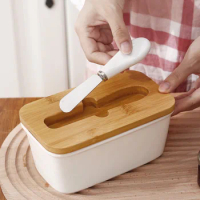 Ceramic Butter Dish with Bamboo Cover Butter Knife Rectangular Sealed Jar Western Cheese Butter Box Storage Jar Tableware