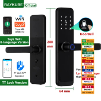 RAYKUBE K8 Tuya Wifi Smart Door Lock TT Lock Fingerprint Lock Digital Electric Lock With Longer Larger Handle Panels Doorbell