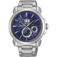 SEIKO 精工Premier人動電能萬年曆手錶-藍x銀色/43mm 7D56-0AG0B(SNP161J1)