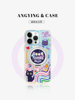 ANGYING × 彩色涂鴉貓貓適用蘋果15手機殼iphone16promax磁吸支點殼帶支架14plus新款ip13高級外殼保護殼