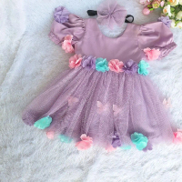 Gaun pesta anak perempuan lilac lengan puffy gratis sepatu Baju Dress Fashion