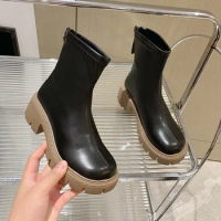 Women's Rubber Boots Chelsea Zipper Round Toe Clogs Platform Female Shoes Winter Footwear Luxury Designer Boots-Women Rain Med