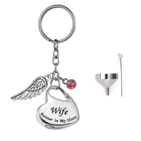 Engraved Text Heart Keychain Cremation Jewelry for ashes Pendant with angel wings memory jewelry-Always in my heart