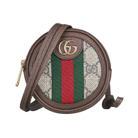 【GUCCI 古馳】GUCCI OPHIDIA經典金字LOGO綠紅線條設計Supreme帆布邊飾皮革拉鍊頸掛零錢包(迷你/米x深棕)