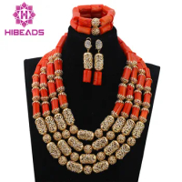 African Wedding Coral Jewelry Set Gold Accessories Add Coral Beads Bridal Necklace Jewelry Sets 4 Layers Free ShippingABL916