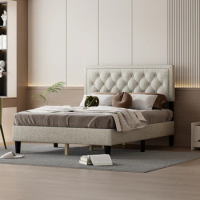 King/Full size Panel Bed Frame with Adjustable Button-Tufted Headboard/Linen Upholstered/Wood Slat Support,Linen Beige
