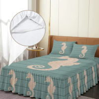 Seahorse Cyan Wooden Texture Bed Skirt Elastic Fitted Bedspread With Pillowcases Mattress Cover Bedding Set Bed Sheet