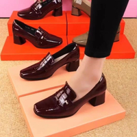 รองเท้าผู้หญิงส้นสูงระดับกลางหนังแก้ววัวหัวสี่เหลี่ยม,รองเท้าหัวเหลี่ยม