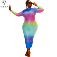 VAZN 2021 Early Autumn Sexy See Through Long Dress Sexy Club Young Full Sleeve Soft Young Style Women For Evening Robe