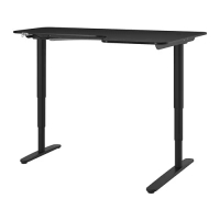 BEKANT 右側轉角電動升降桌, 工作桌, 黑色/實木貼皮 梣木 黑色