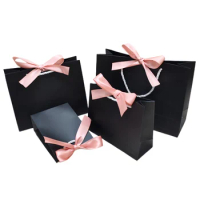 Black High Quality Paper Bag Pretty Pink Bow Cosmetic Kraft Paper Bag Candy Box Wedding Birthday Party / Pajama Wig Wholesale