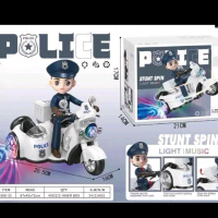 Mainan Anak Robot Polisi Pengendara Motor Stunt Spin dengan Lampu dan Musik Ukuran 20.5cm x 16cm x 1