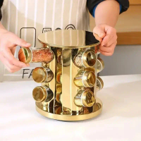 Estetik Rak Bumbu Putar Gold Silver Stainless Steel 12 Jar Botol Kaca Tempat Bumbu Dapur Mewah Rotat