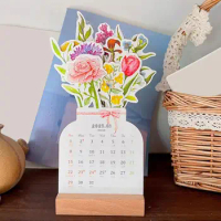 Fun-filled Desk Calendar 2024 Bloomy Flower Desk Calendar Monthly Decoration for Home Office School with Wooden Base 12 Months