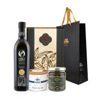 【Oro Bailen 皇嘉】特級冷壓初榨橄欖油奢饌禮盒組附提袋(橄欖油500ml+A.R黑松露蘑菇醬180g+鹽之花125g)