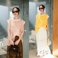 A115 เสื้อกั๊กไหมพรมลายตารางติดดอกไม้ งานป้าย vshopbrand