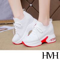【HMH】厚底休閒鞋 內增高休閒鞋/立體舒適飛織鞋面綁帶造型內增高厚底休閒鞋(白)