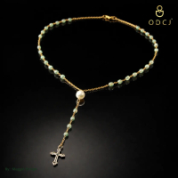 Kalung Mutiara Salib Vintage Green Jade Beads Necklace Gold Chain Korean Style Elegant Necklace Wani