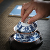 復古紫砂青花瓷功夫茶具家用蓋碗茶杯特大號陶瓷單個三才泡茶碗