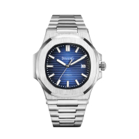 【DITALING】銀框 藍面橫條 八角造型 自動上鍊機械腕錶 不鏽鋼錶帶 男錶 交換/聖誕禮物(DT1561-S1)