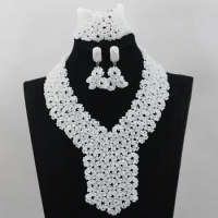 Romantic Cream White Chunky Crystal Beaded Bib Statement Necklace Set Arab Party Women Costume Jewelry Set Free Shipping WD406