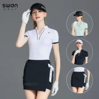 SG Summer Elastic Ice Silk Tops for Women Anti-empty Golf Skirt Slim Skort Suits with Bowknot Girl V-neck Short-sleeved T-shirts