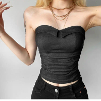 (COD) Unique black ruched sleeveless tube top versatile slim-fit hot girl short top