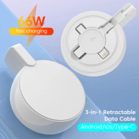 66w 3 in 1 Cable USB to Type C/Lightning/Micro Fast Charging Retractable Data Wire For iPhone 15 Xiaomi Huawei Samsung Cellphone