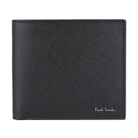 PAUL SMITH燙印銀字LOGO耐磨牛皮條紋熱氣球圖設計8卡對開短夾(黑)
