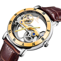 IK Coloring Golden Case Skeleton Clocks Brown Leather Belt Automatic Wristwatches for Men Transparen