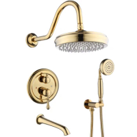 Brass Rain Shower System Gold Wall Mounted High Pressure Bathtub Shower Faucet and Round Head Concealed Shower Set