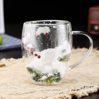 Christmas Tree And Snow Double Wall Clear Glass Cup Heat-resistant Coffee Milk Mug Tea Espresso Cup Holiday Gifts 350ml