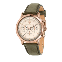 【MASERATI 瑪莎拉蒂】Epoca 新紀元系列石英手錶 香檳金 橄欖綠真皮錶帶 42MM R8871633007