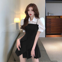 【Very Buy 非常勸敗】韓版小個子氣質泡泡袖襯衫不規則吊帶百褶裙兩件式套裝洋裝