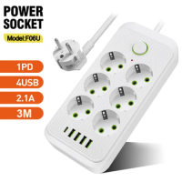 EU Plug Power Strip Outlet With 3m Extension Cable USB PD Port Smart Home Network Filter Round Pin Electrical Socket AC Adapter