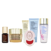 結帳9折✿ESTEE LAUDER 雅詩蘭黛 全能妝前保養組 [特潤超導修護露+膠原霜+乖乖乳+細緻煥采潔面乳+櫻花版原生露+粉嫩慾望晶透潤唇膏#04]_百貨公司專櫃貨