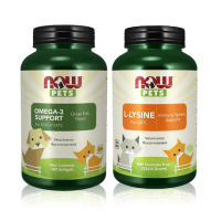 【NOW Foods】寵物OMEGA-3魚油膠囊與寵物貓用左旋離胺酸粉 寵愛組(180顆與227公克)