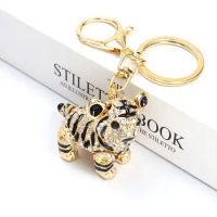 Rhinestones Inlaid Siberian Tiger Enamel Keychain Chinese Zodiac Gift Souvenir Car Interior Bag Keys Pendant Cute Animal Keyring