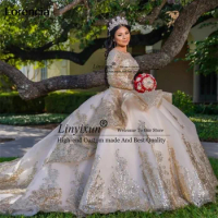 Mexican Champagne Quinceanera Dress Ball Gown Gold Lace Applique Beading Tiered Sweet 16 Dress Princess Vestidos De 15 Años