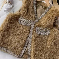 New Winter Women Warm Hairy Vest Coat Diamonds V Neck Downy Waistcoat Casual Sleeveless Jacket Streetwear Loose Fit Vests Tops