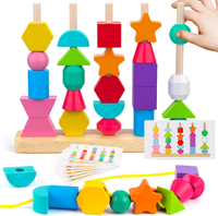 Montessori Wooden Beads Sequencing Toy Set Stacking Blocks & Lacing Beads & Matching Shape Stacker f