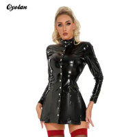 Sexy Womens Patent Leather Glossy Mini Bodycon Dress Latex Club Dress Long Sleeve Button Up High Split Mini Bodycon Dress