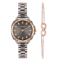 【COACH】LOGO錶圈 灰色款 晶鑽刻度 小錶徑腕錶 不鏽鋼錶帶 28mm 女錶 【贈玫瑰金無線手鍊】(14504155)