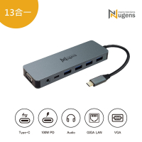 Nugens 13合1 Type-C Hub(RJ45/USB3.0/HDMI/VGA/SD/TF/耳機孔/PD快充)