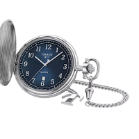 TISSOT 天梭 官方授權 Savonnette T862.410.19.042.00 經典阿拉伯數字石英懷錶(附鍊) 母親節送禮推薦-藍x銀/48.5mm T8624101904200