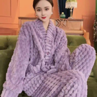 Winter Women's Pajama Set Flannel Solid Warm Ladies Long Sleeve Sleepwear 2 Pcs with Pants Single Breasted Pijama for Female