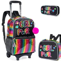Trolley School Bag Set With Lunch Bag Rolling Backpack for Girls Kids Rolling Backpack with wheels Roller Bookbag with Wheels