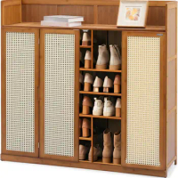 Magshion Staggered Tall Shoe Rack for Shoes and Boots, 6 Tier Boho Bamboo Shoe Cabinet for Entryway with Rattan Pattern Doors Fr