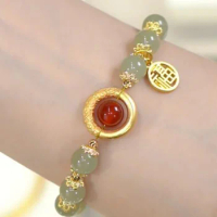 Retro Design Chinese Style Natural Hotan Jade Bead Bracelet for Women Luxury Elegant Ancient Gold Craft Bangles Jewelry